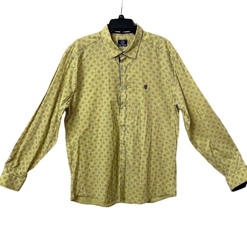Paul Parker Button Down Shirt Mens XXL Yellow Diamond Pattern Button Collar